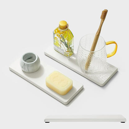 2PCS White Water Absorbing Diatomite Stone Drying Soap Dish Sink Vanity Tray for Bathroom/Kitchen Counter, Sponge Holder Mat Dispenser Rack Faucet Splash Guard Caddy Organizer, 9"x3.5"
