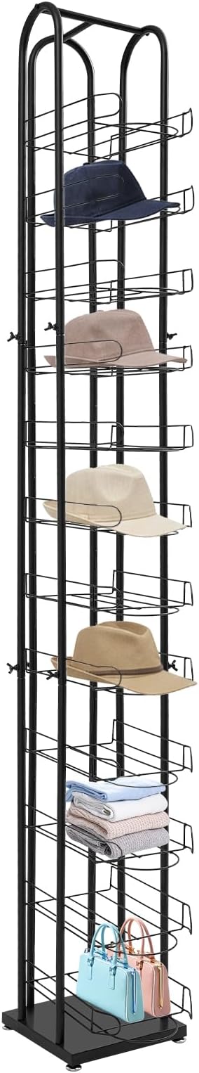 12-Tier Black Floor Standing Hat Rack, 78" Retail Hat Display Rack, Metal Cap Organizer Stand, Hats Display Stand for Baseball Caps Wigs Scarves Gloves for Home Clothing Store