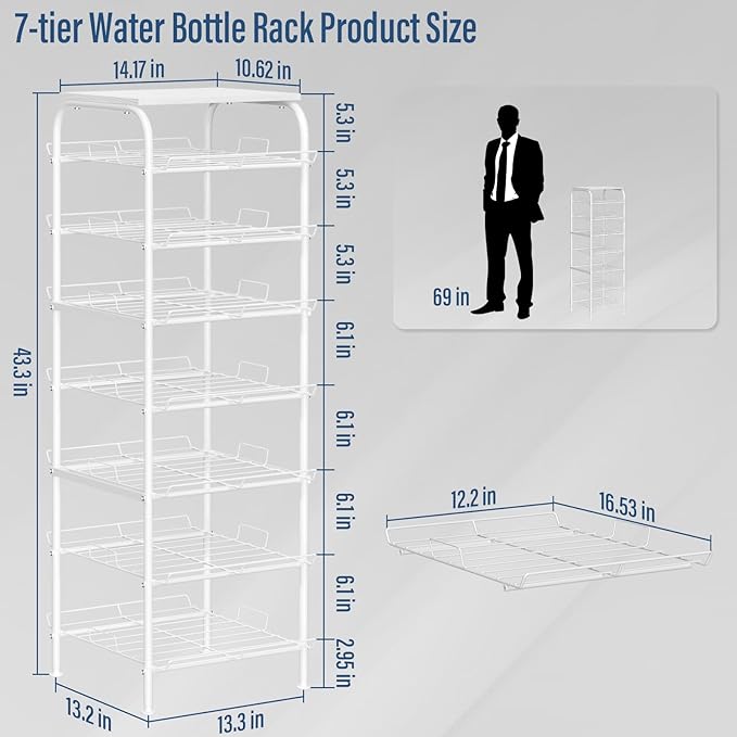 Vrisa Water Bottle Organizer 7 Tier Free Standing Water Bottle Holder Stand with Storage Shelves Beverage Drink Soda Can Rack Dispenser Metal Storage Shelf for Kitchen Pantry Party Office, White