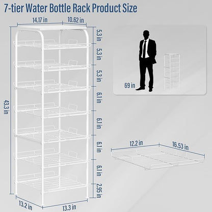 Vrisa Water Bottle Organizer 7 Tier Free Standing Water Bottle Holder Stand with Storage Shelves Beverage Drink Soda Can Rack Dispenser Metal Storage Shelf for Kitchen Pantry Party Office, White