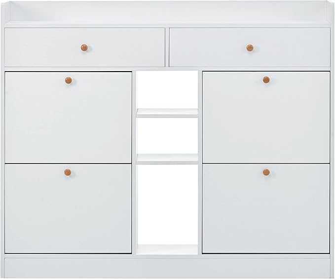 JIVOIT 2-Tier Shoe Storage Organizer, Modern Wooden Shoe Cabinet with 4 Flip Drawers, Multifunctional Free Standing Shoe Rack for Entrance Hallway Small Spaces (White+4 Flip Drawers)