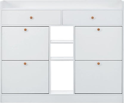 JIVOIT 2-Tier Shoe Storage Organizer, Modern Wooden Shoe Cabinet with 4 Flip Drawers, Multifunctional Free Standing Shoe Rack for Entrance Hallway Small Spaces (White+4 Flip Drawers)