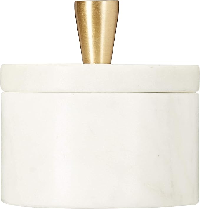 Queenza White Marble Salt Cellar with Lid and Brass Knob, 3 Inch Salt Box