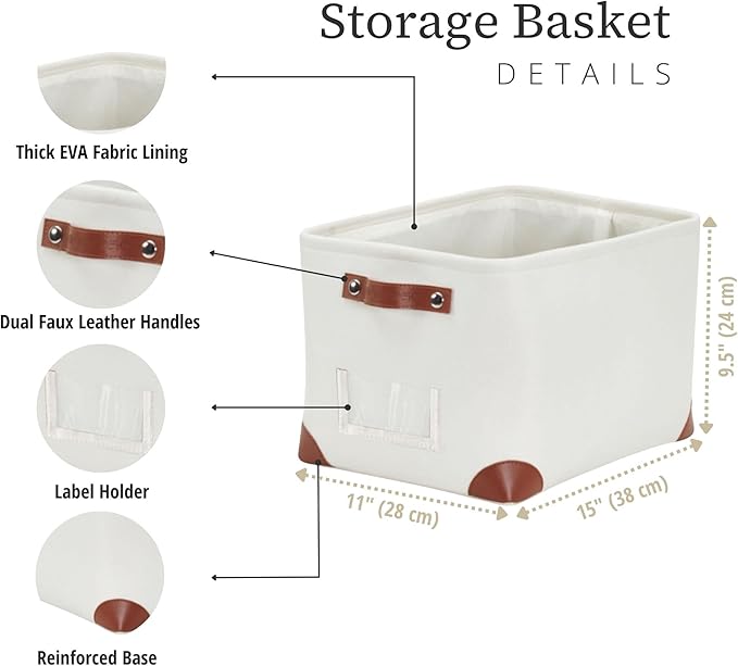 DECOMOMO White Storage Bins Fabric Storage Baskets for Shelves & Linen Closet Organization (Creamy White W/ Label holder, Large - 3 Pack)