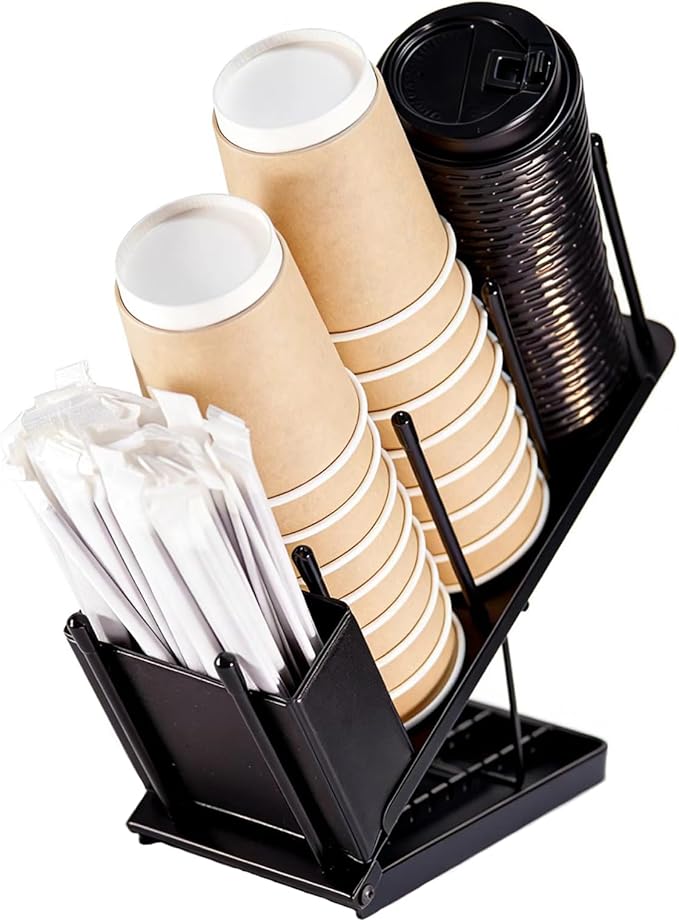 Adjustable Coffee Cup and Lid Holder, Disposable Cup Dispenser Organizer Stand for Countertop Coffee Bar Station, Bakery & Breakroom, Fits 3.14 Inch Cup Mouth (8oz/10oz/14oz/16oz Cups)