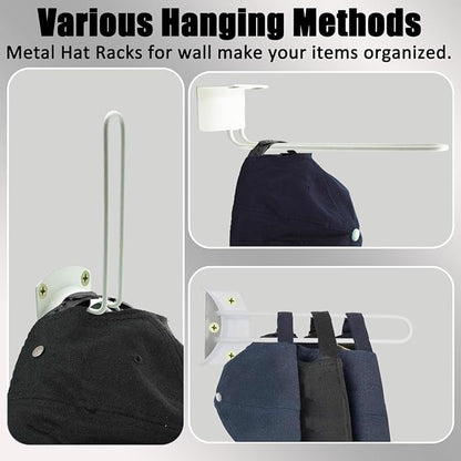 2 Pack White Iron Hat Hooks for Wall, Vintage Style Adhesive Hat Rack, Anti-Rust Coated Cap Organizer for Baseball Hats, Decorative Storage for Farmhouse, Bedroom, Closet & Entryway