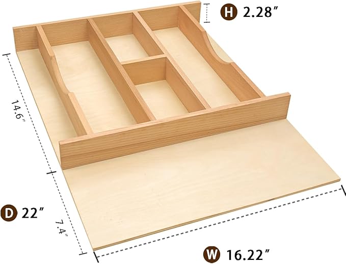 Silverware Drawer Organizer - Trim-to-Fit with Adjustable Dividers for Kitchen Utensil Storage, Beech Wood Frame with 11 Sizes (16.22" W x 22" D)