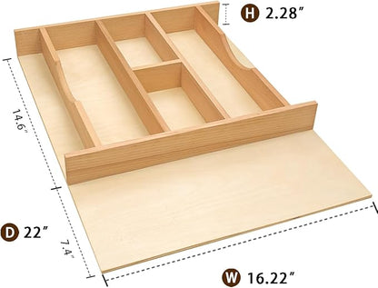 Silverware Drawer Organizer - Trim-to-Fit with Adjustable Dividers for Kitchen Utensil Storage, Beech Wood Frame with 11 Sizes (16.22" W x 22" D)
