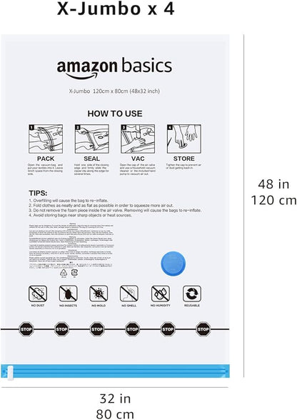 Amazon Basics Vacuum Storage Bags for Blankets, Vacuum Compression Space Saving Storage Bags with Hand Pump for Clothes Packing, X-Jumbo, 4-Pack