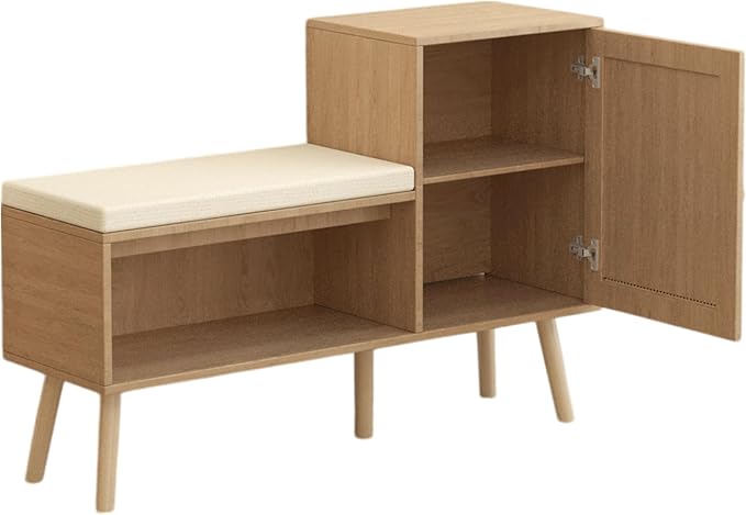 2-in-1 Shoe Storage Bench, Rattan Shoe Cabinet with 2 Adjustable Shelves and Removable Seat Cushion, Modern Entryway Bench, Shoe Storage Organizer, Shoe Rack for Hallway, Bedroom