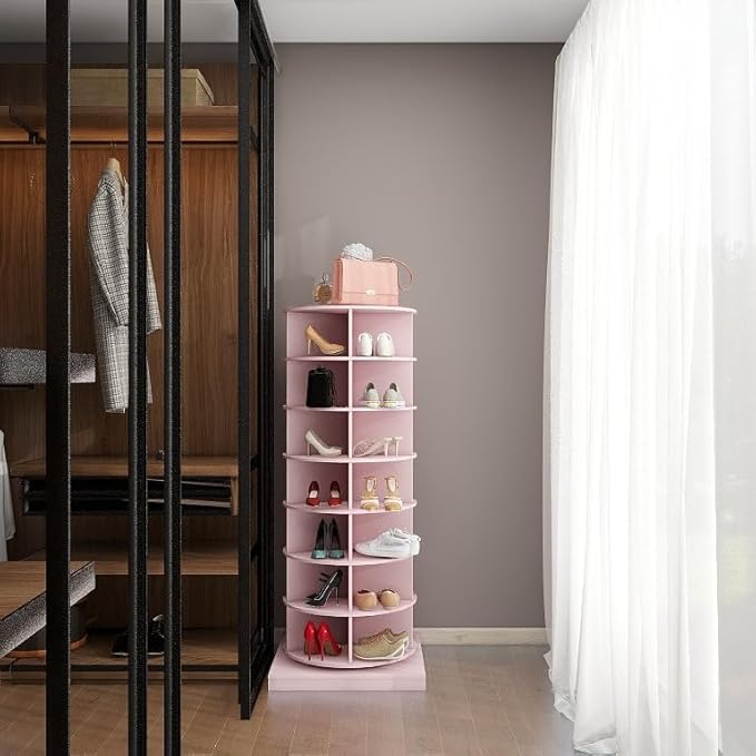 6-Tier Rotating Shoe Rack Tower, 360 Spinning Shoe Rack, Modern Free Standing Spinning Shoe Organizer, Rotating Lazy Susan Shoe Racks for Entryway Doorway, Holds Up to 24 Pairs of Shoes(Pink)