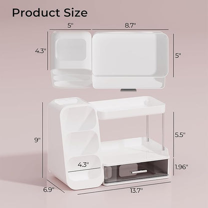 Makeup Organizer for Vanity with Brush Holder, 2 Tiers Countertop Skincare, Cologne Organizer and Perfume Stand for Bathroom Vanity, Large Capacity Makeup Storage, White
