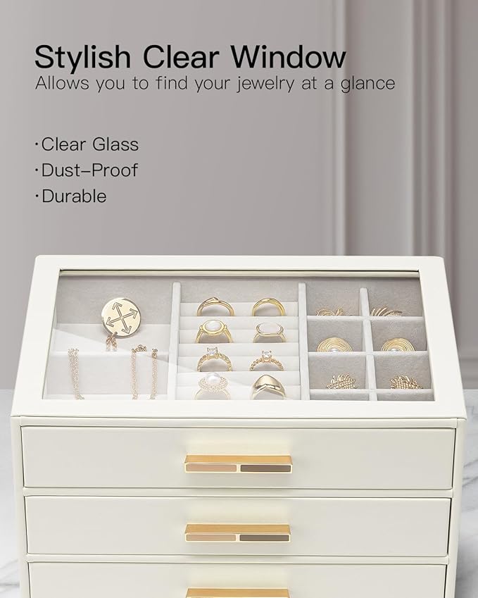 VLANDO Jewelry Box for Women, 3-Layer Jewelry Organizer with Drawers, Glass Lid Display Jewelry Storage, Soft PU Leather Exterior, Contrast Gold Metal Handles, Refined Style - Beige