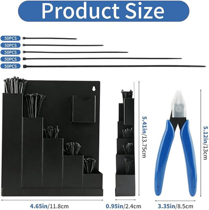 Cable Zip Tie Storage Holder, Wall-Mounted Zip Tie Organizer with Cutter Pliers & 250 Ties, Cable Tie Organizer for Workshop, Shed, Garage, Home