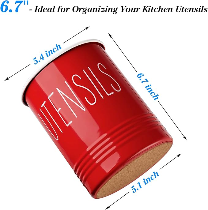 Bivvclaz Kitchen Utensil Holder - 6.7" Utensil Holder for Kitchen Counter - Cooking Utensil Crock with Cork Bottom - Red Decor and Accessories - Countertop Utensil Storage Caddy Organizer