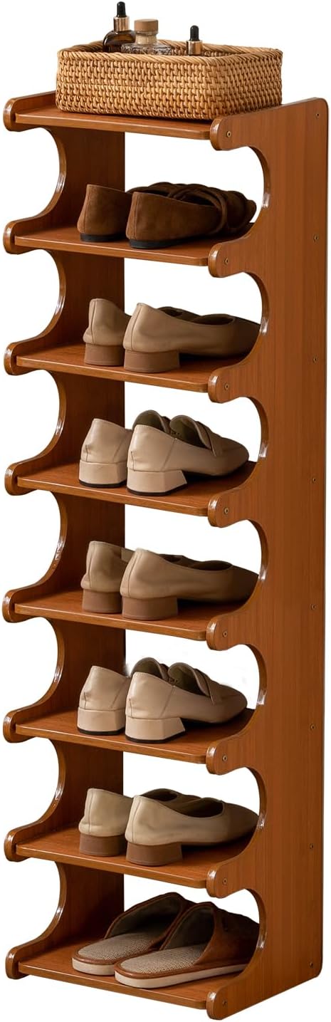 Tall Narrow Solid Wood Shoe Rack, 8 Tier Vertical Shoe Storage Tower, Freestanding Corner Organizer for Small Entryways, Slim Space-Saving Shoe Rack (12.6" L x 9.84" W x 44.1" H)