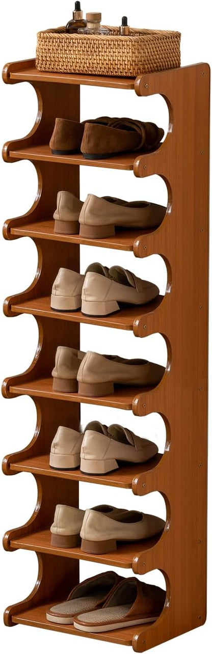 Tall Narrow Solid Wood Shoe Rack, 8 Tier Vertical Shoe Storage Tower, Freestanding Corner Organizer for Small Entryways, Slim Space-Saving Shoe Rack (12.6" L x 9.84" W x 44.1" H)