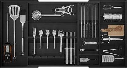 Bamboo Silverware Drawer Organizer, 17.72-29.53 Inch Expandable Large Kitchen Drawer Organizer, 5-8 Slot Flatware with Removable Card Slots & Knife Block for Spoon Butter Knive, Black