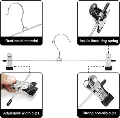 GUANJUNE Pants & Skirt Hangers with Adjustable Non-Slip Clips - Space Saving Metal Hangers for Coats, Garments & Jeans - 10 Pack