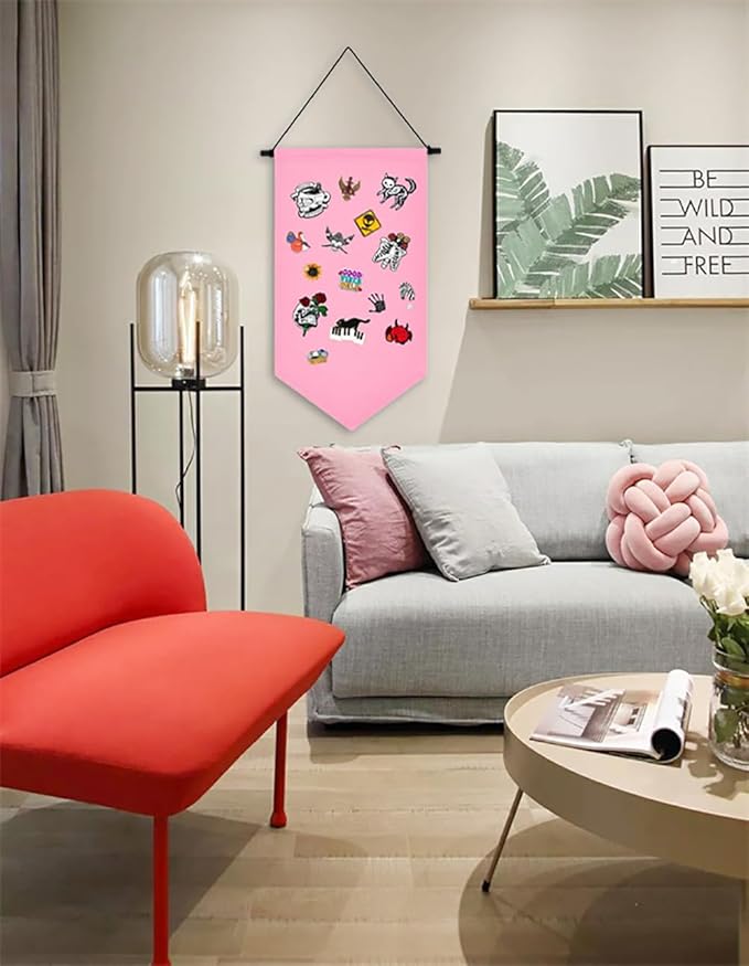 Wall Hanging Brooch Jewelry Storage Case Canvas Display Stand Enamel Pin Display Banner Holder Earrings Necklace Glitter Pin Collection Organizer (Pink)