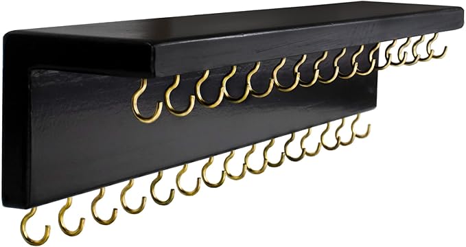 SANY DAYO HOME Black Necklace Holder Jewelry Organizer with 30 Hooks, 15 x 3 x 4 inches Wall Mount Rustic Pine Wood Shelf for Necklace, Hair Bow Storage