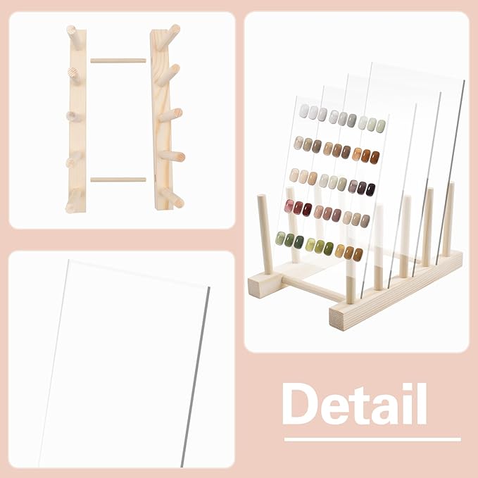 4 PCS Transparent Nail Art Display Board with Wooden Display Holder, Acrylic Display Polish Board with Double Sided Tape False Nail Tips Sample Display Holder Nail Color Nail Practice Board