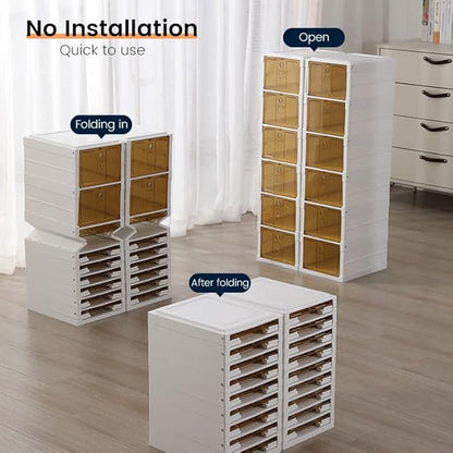 Plastic Shoe Boxes with Lids, Stackable Shoe Boxes Ideal for Kids Men Women, Harder Shoe Storage Boxes, Solid Construction and Quality Appearance, Foldable, Easy Assembly (6 Layer)