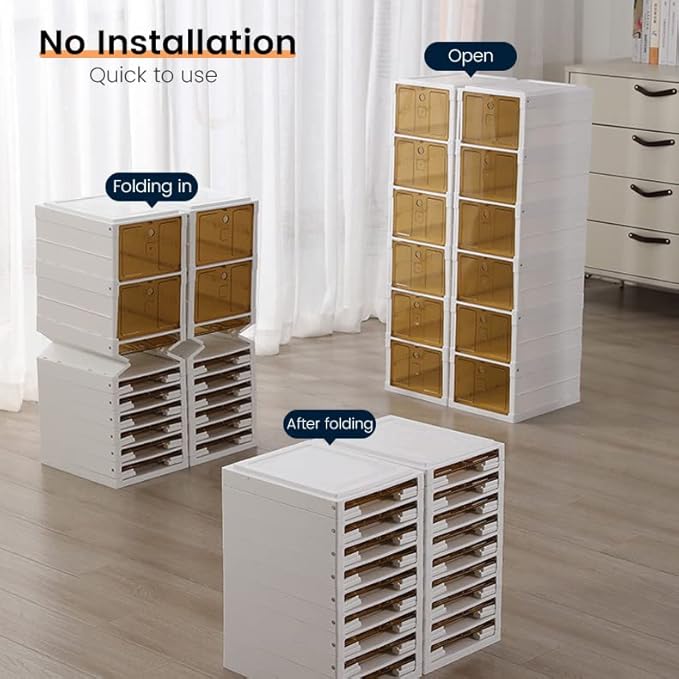 Plastic Shoe Boxes with Lids, Stackable Shoe Boxes Ideal for Kids Men Women, Harder Shoe Storage Boxes, Solid Construction and Quality Appearance, Foldable, Easy Assembly (3 Layer)