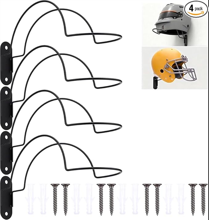 Gugxiom 4 Pcs Wall Mounted Helmet Rack, Motorcycle Helmet Holder, Heavy-Duty Construction with Screws, for Equestrian Motorcycle Baseball Rugby Helmetet (4)