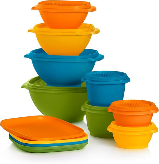 Tupperware Heritage Retro Collection, Bowls & Plates, 20 Piece Food Storage Container Set in Retro Colors, Dishwasher Safe and BPA Free