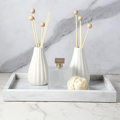 Natural Marble Vanity Tray - 4.66 lbs (2.1kg) Ultra-Heavy Solid Stone Tray - 11.8" x 7.9" Rectangle Bathroom Organizer for Perfume & Jewelry - Non-Slip Silicone Pads - White & Gray