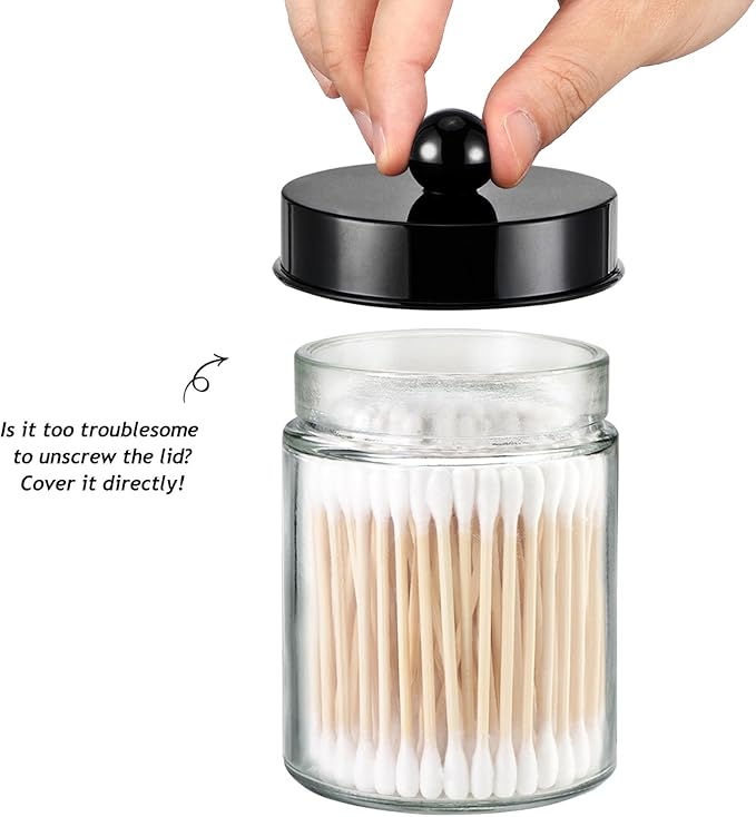 SheeChung Qtip Holder 3pcs, Glass Apothecary Jars with Acrylic Vanity Tray, Cotton Round Holder, Countertop Guest Canister Bathroom Organizers and Storage for Cotton Swabs/Balls, Floss Picks