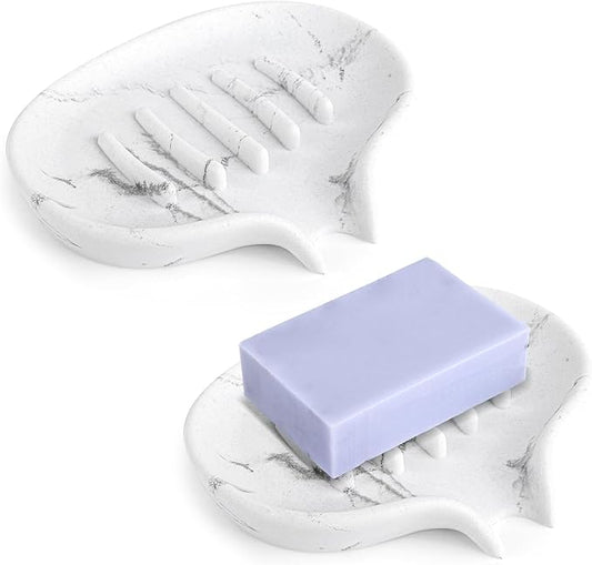 Self Draining Soap Dish for Shower and Bathroom Sink - Large Marble Resin Soap Holder with Drain, Non Slip Soap Tray for Bar Soap, Kitchen & Bathroom Counter