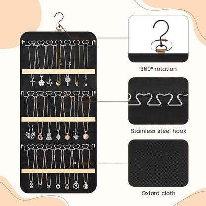 48 Pocket Oxford Fabric Double Sided Hanging Rotating Jewelry Organizer, Bracelet Necklace Jewelry Display Hanger for Closet Door, Earring Dustproof Holder Wall Mount Accessories(Black)