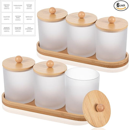 Chengu 6 Pack Cotton Swab Holder with Bamboo Lids and Trays and Labels Glass Round Swab Dispenser Cotton Ball Holder Glass Apothecary Jars Floss Pick Containers Bathroom Organizers (White)