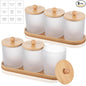 Chengu 6 Pack Cotton Swab Holder with Bamboo Lids and Trays and Labels Glass Round Swab Dispenser Cotton Ball Holder Glass Apothecary Jars Floss Pick Containers Bathroom Organizers (White)