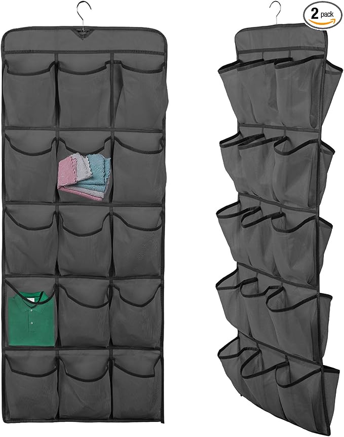 2PCS Over the Door Shoe Organizer with 30 Pockets Hanging Closet Shoe Holder, Double Sided Hanging Shoe Organizer for Door Closet Bedroom Bathroom Dormitories Hanging Shoe Rack Bag for Men Women Kids