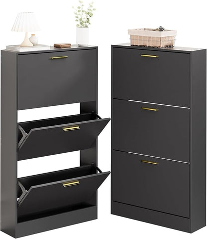 LYNSOM Shoe Cabinet, Free Standing Tipping Bucket Shoe Rack Organizer with 3 Flip Drawers, Modern Entryway Shoe Storage with Top Display, Narrow Slim Hidden Shoe Cabinet (Black)