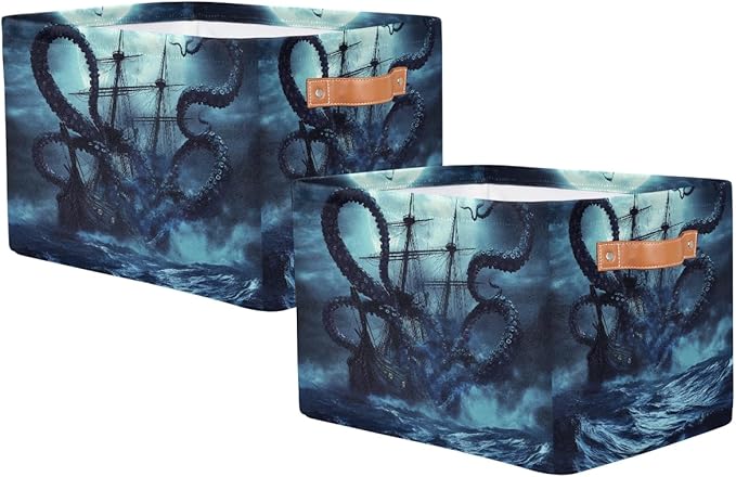 AUUXVA Storage Basket Ocean Kraken Nautical Pirate Ship Animal Octopus Storage Cube Box Durable Canvas Collapsible Toy Basket Organizer Bin with Handles for Shelf Closet Bedroom Home Office