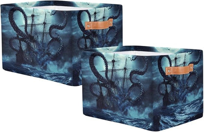 AUUXVA Storage Basket Ocean Kraken Nautical Pirate Ship Animal Octopus Storage Cube Box Durable Canvas Collapsible Toy Basket Organizer Bin with Handles for Shelf Closet Bedroom Home Office