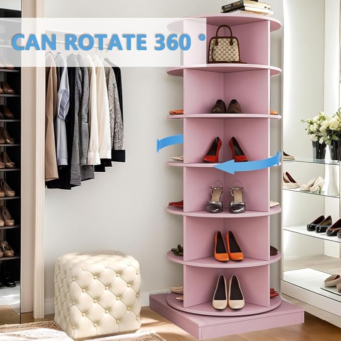 Rotating Shoe Rack Tower, 360-Degree Circular Storage Organizer for Shoes and Handbags, Vertical Space-Saving Cabinet for Entrance Hall, Independent Rotating Shoe Shelf (A-Pink