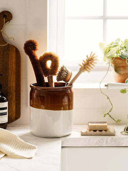 LE TAUCI Kitchen Utensil Holder, 7.2" & 5.4" Ceramic Utensil Crock for Countertop, Large Heavy Weighted Spatula Organizer, Rustic Farmhouse Decor, Vintage Two-Tone Glaze, Set of 2, Brown & White