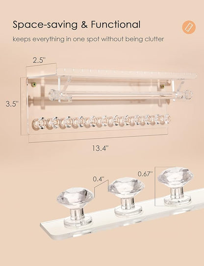 Acrylic Hanging Jewelry Organizer Wall Mounted Necklace Holder and Stud Earring Organizer with Floating Shelf and Bracelet Holder Rod for Women Girls (2 Pack)