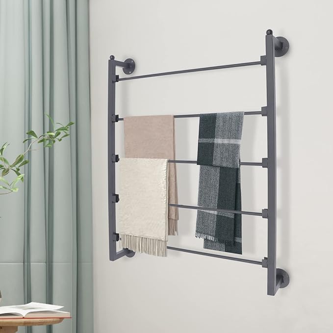 TFCFL 5 Tier Wall Mounted Scarf Rack, Retail Display Tie & Scarf, Belt Towel Hold, Ribbons Rack, Space-Saving Wrapping Paper Organizer Ribbon Holder (Black)