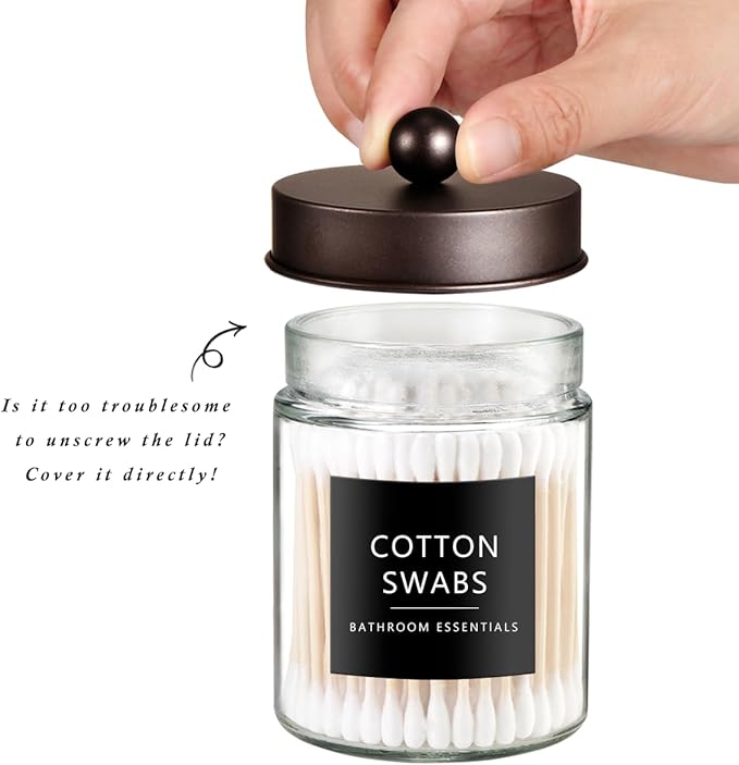 SheeChung Qtip Dispenser Holder 4pcs, Glass Apothecary Jars with Bronze Stainless Steel Lids &Stickers, Countertop Canister Guest Bathroom Storage Organizer Set for Cotton Swabs/Balls, Floss Picks
