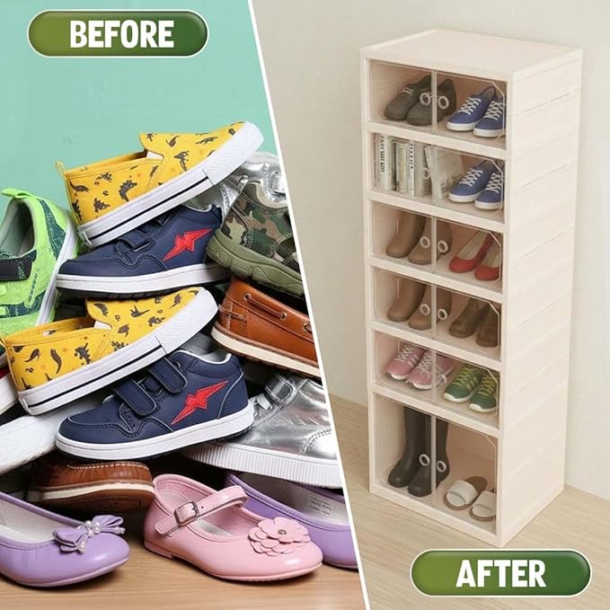 Foldable 6-Tier Shoe Rack Organizer, Large Clear Shoe Storage Cabinet with Magnetic Doors, Heavy Duty Slim Vertical Shoes Rack for Bedroom, Entryway or Garage - Beige (Holds 12 Pairs)