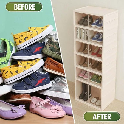 Foldable 6-Tier Shoe Rack Organizer, Large Clear Shoe Storage Cabinet with Magnetic Doors, Heavy Duty Slim Vertical Shoes Rack for Bedroom, Entryway or Garage - Beige (Holds 12 Pairs)