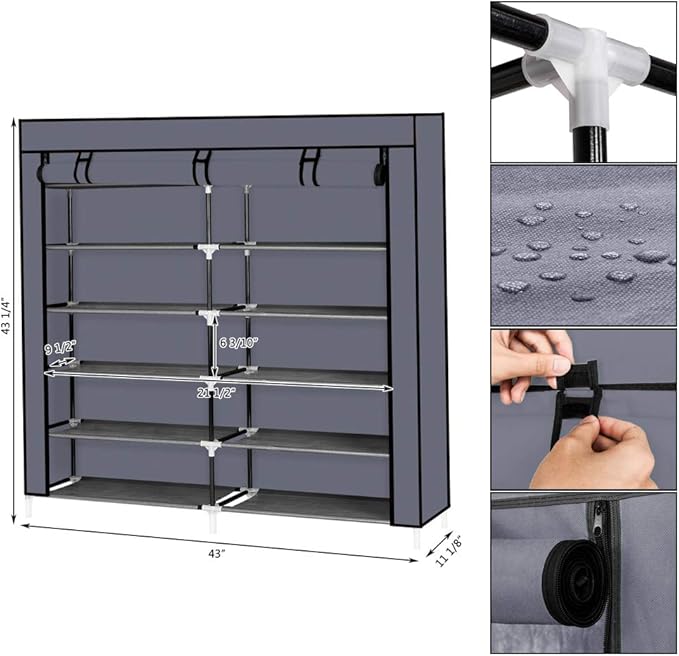 Knocbel 6 Tiers Shoe Rack Dustproof & Water-Resistant Non-Woven Fabric Closet Storage Cabinet Organizer, 44" x 11 1/8" x 43 1/4" (Gray)
