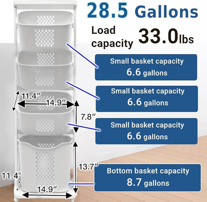 Japard 108 Liters Vertical Rolling Laundry Compact Hamper Ultra Slim, 4 Sorter Cart with Wheels and Breaks, 4-tier Baskets Detachable for Small Space, Dorm, Closet, Bathroom, Easy Assembly White Gray