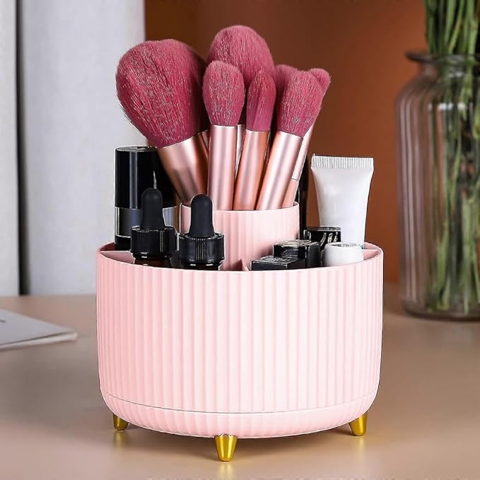 WILL OAK Makeup Brush Organiser - Large Compartment Cosmetic Organizer -Eyeliner, Nail Polish, Art Supply, Bathroom Vanity Desktop Organizer (Pink)